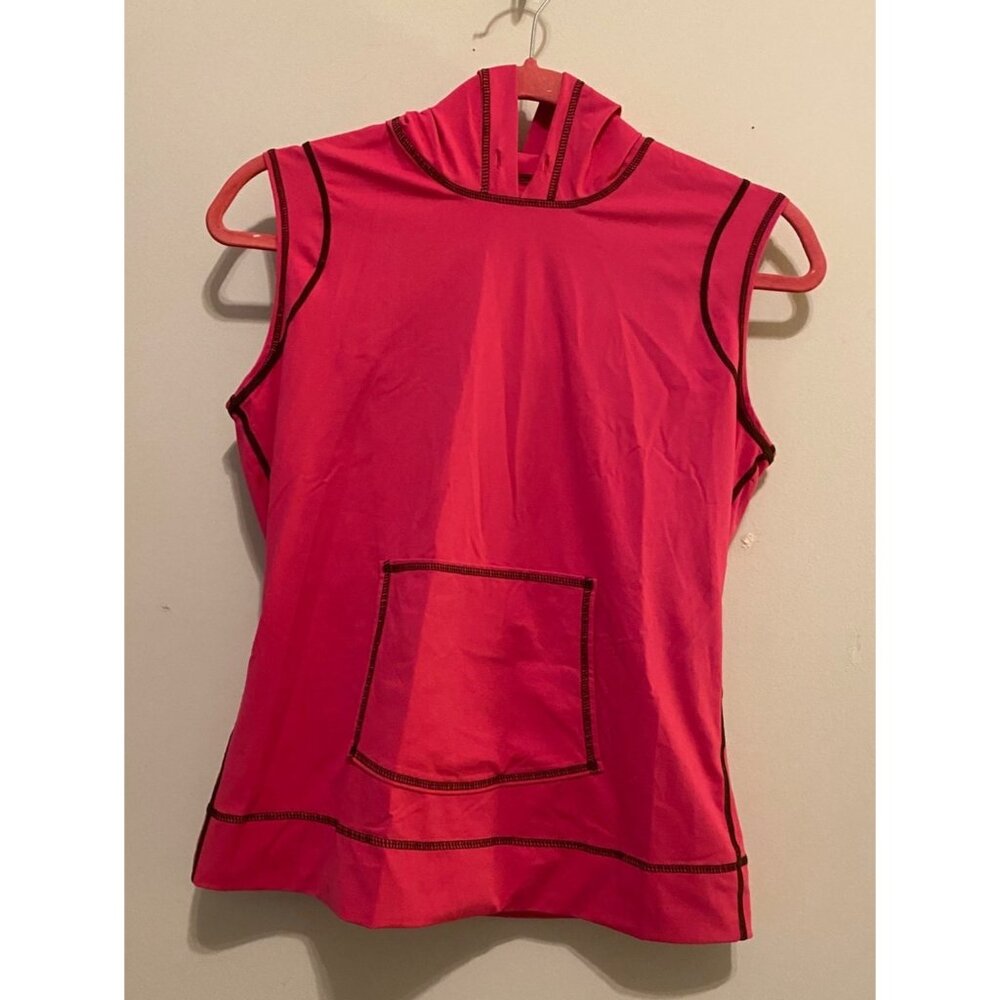 ATHLETA Pink Top Sleeveless Hoodie Lightweight Black Trim Small